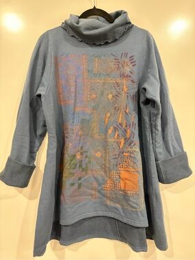 Blue Fish Dusty Blue Graphic Ruffle-Neck Tunic